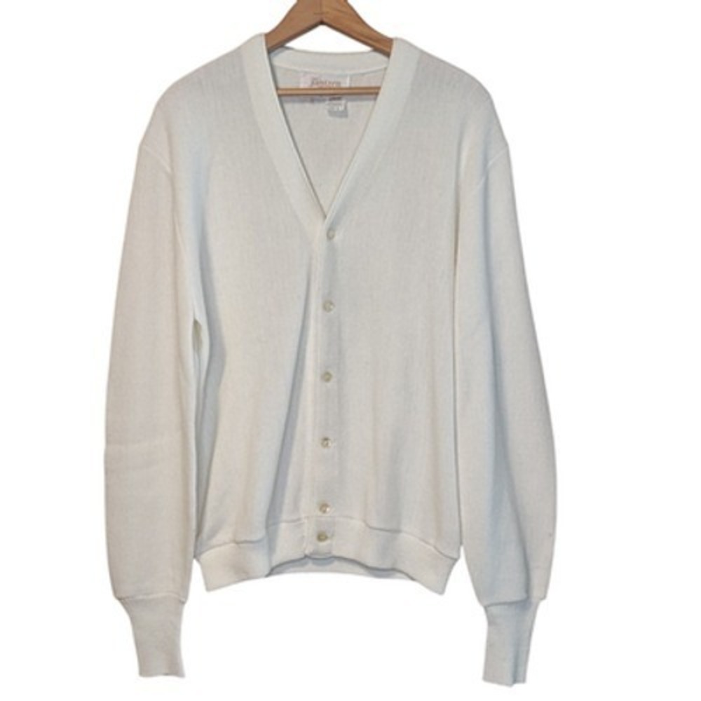 Jantzen Cardigan Sweater Mens‎ Large White V Neck Button Front Made in USA Golf